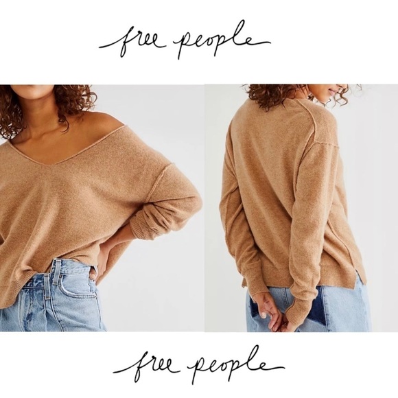 FREE PEOPLE Women’s Camel Harmony 100% Cashmere V-Neck Sweater - XS - Picture 1 of 13